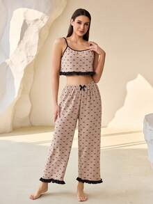 Conjunto de camiseta de tirantes con volantes y pantalones con dobladillo de volantes de color contrastante para mujer, camiseta sin mangas y pantalones de estar en casa, adecuado para primavera, verano y otoño - Caqui - Ver 5