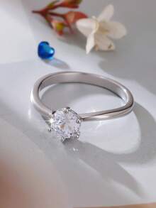 1 chiếc nhẫn thời trang tối giản, đa năng, thanh lịch, 6 chấu tròn, đính đá Cubic Zirconia tổng hợp, thích hợp cho nữ, dịp Lễ Tình nhân, đính hôn, đám cưới. - Bạc - Xem 2