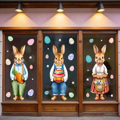 1/3 adet Paskalya temalı elektrostatik adsorpsiyonlu pencere çıkartması. Çıkarılabilir, su geçirmez PVC malzemeden üretilmiştir. Sevimli bir kıyafet giymiş ve elinde yumurta tutan bir tavşan figürü. Yatak odası ve ev dekorasyonu için uygundur.