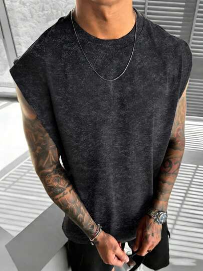  Zrgoth Men's Casual Solid Color Washed Tank Top, Versatile For Summer