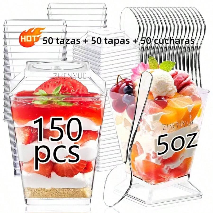 150 piezas (50 piezas de vasos + 50 piezas de cucharas + 50 piezas de tapas) vasos cuadrados de transparente de 160 ml/5 oz para mousse, 50 * vasos de postre,50 * tapas duras de plástico/50 * tapas blanda de plástico,50 * cucharas grandes transparentes,vasos duraderos para chocolate, cheesecake, pudín, mousse, parfaits, ideales para fiestas, bodas, eventos al aire libre, vasos para postres de fiesta | vasos elegantes para postres | vasos decorativos para postres
