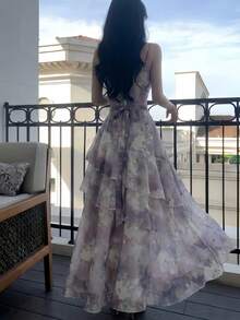 优雅亮片印花雪纺派对连衣裙，女士新款返校舞会吊带荷叶边仙女裙，修身生日套装，茶会睡袍，春夏款 - 紫色 - 查看 3