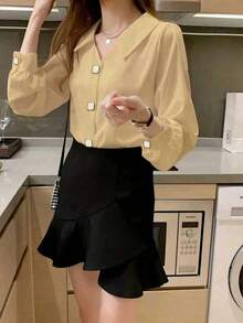 Women's Fashion Long Sleeve Design Satin Blouse, Chic & Mature Style Spring - Apricot - View 3