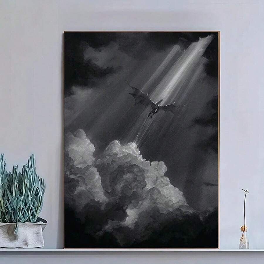 1幅无框飞行主题帆布画 - 奥利维亚·罗斯 - 龙、奇幻、图书馆风格，适合家居装饰，无框，2D平面，完美适用于房间装饰，哥特式帆布画框，墙画，卧室海报 - 4 - 查看 1