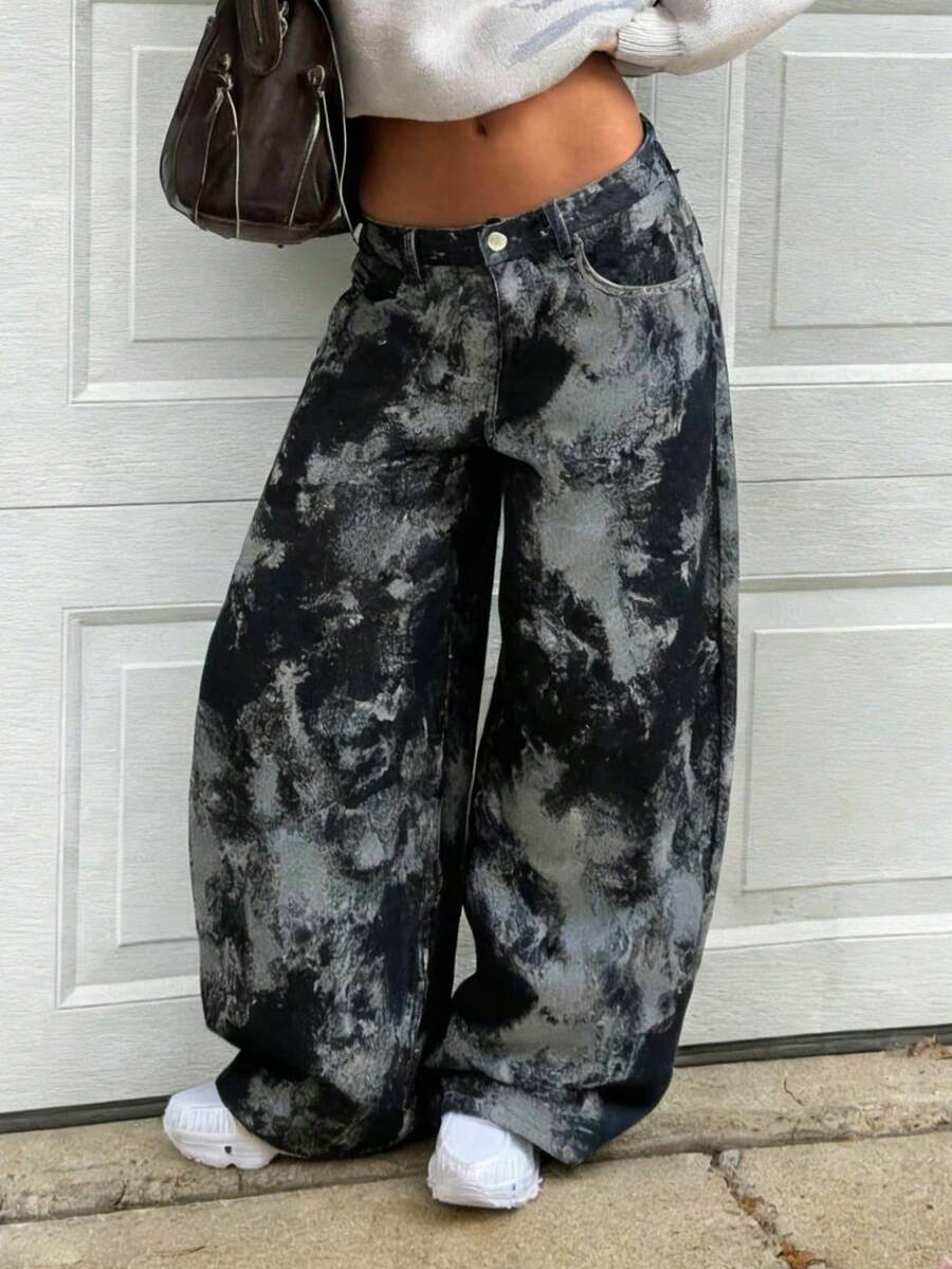 女款休閒水洗牛仔長褲,附口袋與拉鍊細節,無彈力,適合度假、春季、黑色、秋季 - 黑色 - 查看 1