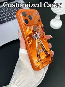 1pc Customizable Text & Letter Design Crown Rhinestone Decor Tempered Glass Phone Case, Compatible With IPhone 17 ProMax/17 Air/15/16 Pro/14 Plus/13 Pro/12 Pro Max/11, UV Printing, Tempered Glass Camera & Back Protection, Large Window Phone Protective Cover, Best Gift For Friends And Family - Orange - View 5