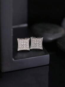 2pcs Hip Hop Ice Crystal Men'S Square Copper Inlaid Zirconia Earrings Hypoallergenic Fashion Earrings Suitable For Gifts - Multicolor - View 3