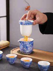 一套中国功夫茶具，方便野餐和露营，珐琅银龙功夫茶具旅行套装，生日和结婚礼物，1个茶壶，4个茶杯 - 彩色 - 查看 7