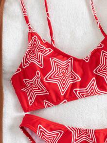 2 Pieces Red Star Print Bikini Set For Women, Backless With Adjustable Shoulder Straps, Ideal For Beach Vacations And Photo Shoots Summer - Multicolor - View 7