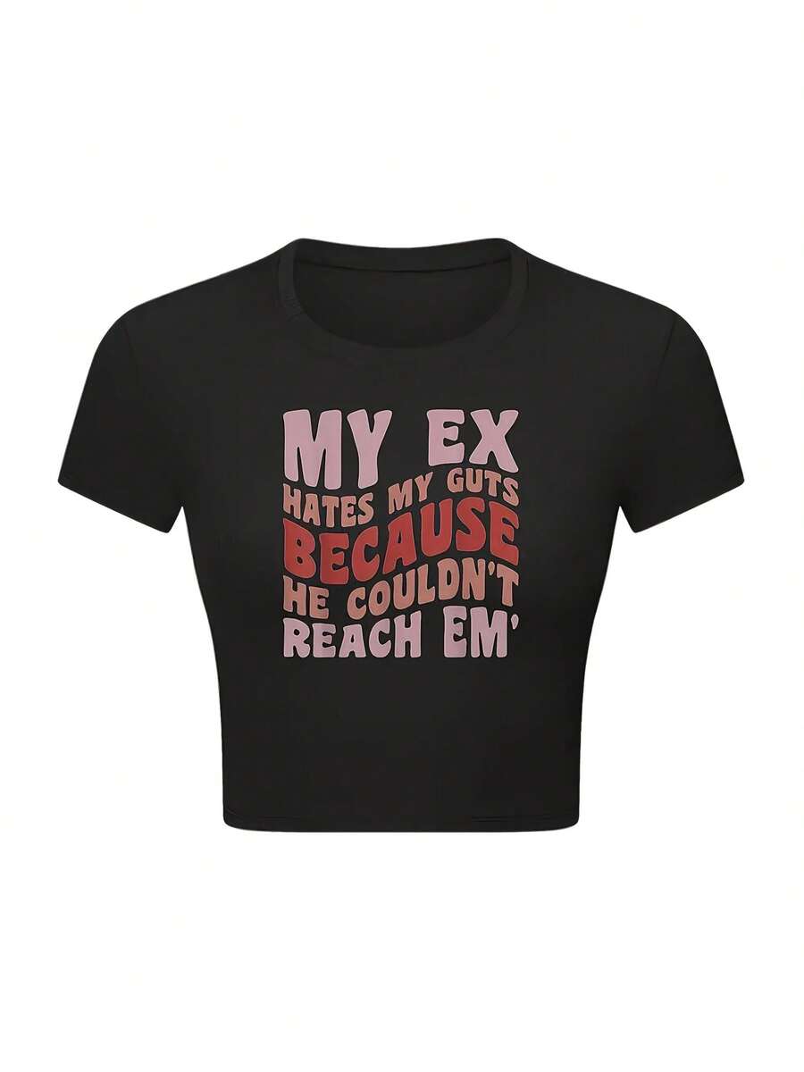 Funny Women'S Crop Top T-Shirt - "My Ex Hates Me Because He Can't Touch Them" Graphic T-Shirt, Colorful Print, Short Sleeves, Crew Neck, Slim Fit, Machine Washable Slim Fit Y2K Graphic Print Crop Top T-Shirt For Women, Perfect For Summer American-Style Sexy Sporty Crop Top Midriff-Baring T-Shirt, Summer Sportswear. - 黑色 - 查看 1