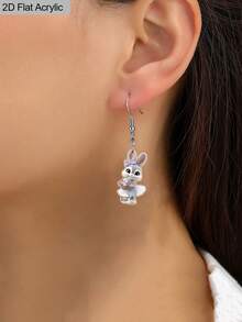 2D平面，1对可爱复活节兔子亚克力吊坠耳环，紫色蝴蝶结兔子搭配花篮图案印花耳坠，趣味节日配饰，复活节耳环，春季节日礼物，适合复活节和动物爱好者 - 彩色 - 查看 2