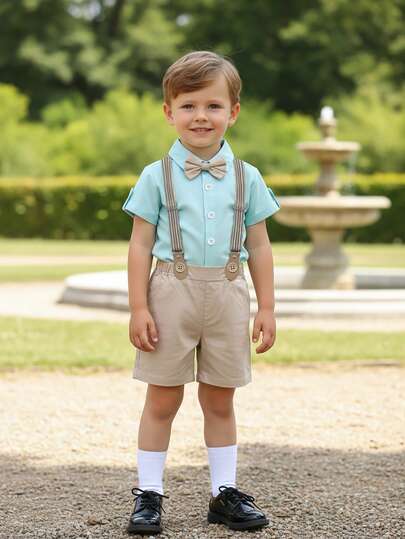 BOARNSEORL 两件套男童绅士套装 - 绿色短袖衬衫配领结和卡其色背带短裤，时尚迷人，适合生日派对、正式场合、婚礼、节日活动等。