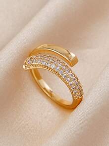1 pieza Anillo de circonita cúbica elegante, adecuado para uso diario de mujeres, fiestas, bodas, regalo de vacaciones, joyería nupcial - Dorado - Ver 15