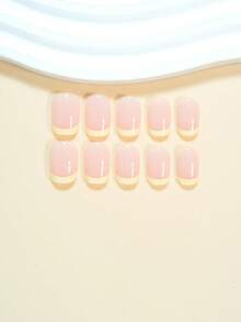 Bộ 24 miếng dán móng tay vuông ngắn thời trang màu vàng kem và màu nude, móng giả sọc vàng nhạt mùa xuân/hè, bộ dụng cụ làm móng nghệ thuật phủ kín cho phụ nữ và bé gái, bao gồm 1 tờ keo dán và 1 dũa móng tay mini. - Màu vàng - Xem 2