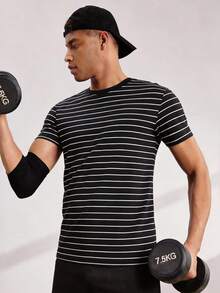 Driftmere Knitted Crew Neck Short Sleeve T-Shirt, Striped Casual Business Slim Fit Men's Summer Breathable Short Sleeve, Gym - Black - View 1