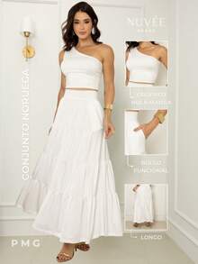 Women's Three-Maria Set: Long Skirt, Cropped Top, Sleeveless, Asymmetrical, Casual, Elegant, White. - 白色 - 查看 4