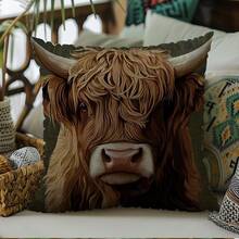 1pc Highland Cow Artistic Throw Pillow Cover - Modern Farmhouse Floral And Brown Design, Made Of Soft Polyester Fabric With Zipper Closure, Machine Washable Decorative Cushion Cover For Sofa, Living Room, Bedroom, Cow Themed Decor - Multicolor - View 6