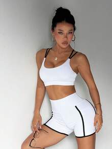 2pcs Women Solid Color Crisscross Cami Bra And High Waist Shorts Set, Casual Sports Fitness Outfit - Black and White - View 4