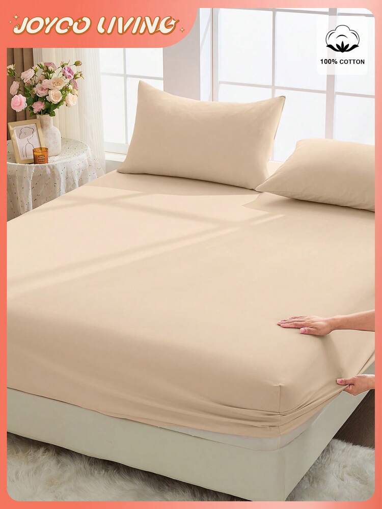2/3pcs 100% Cotton Knitted Bedsheet Set, Solid Color Bedding, Comfortable Home Textile, Soft & Breathable Mattress Protector Cover, Skin-Friendly Bed Skirt Set, Suitable For All Seasons Home Decor, Beige - Beige - View 11