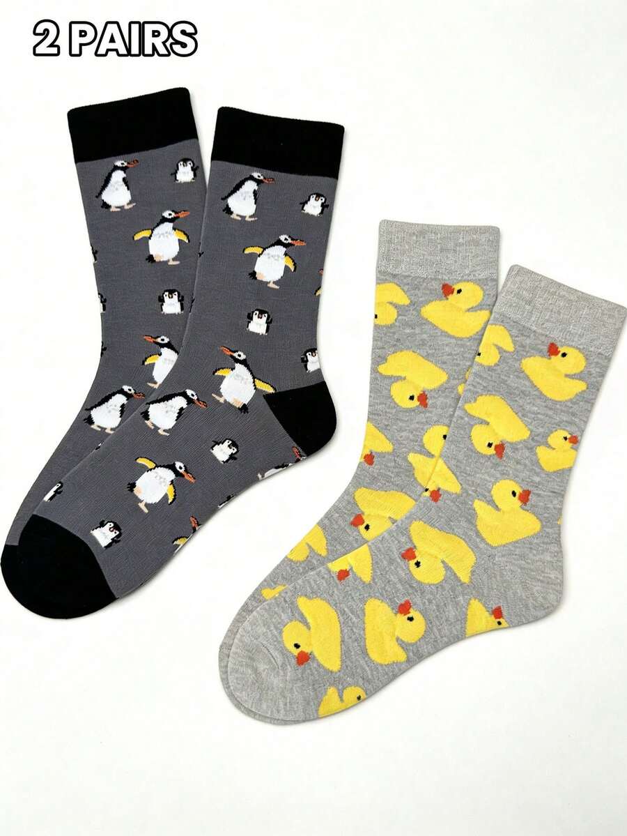 2 Pairs Penguin & Duckling Mid-Calf Socks, Soft & Breathable, High Elasticity Cuff, Comfortable Everyday Wear, Cute Cartoon Patterns - Multicolor - View 1