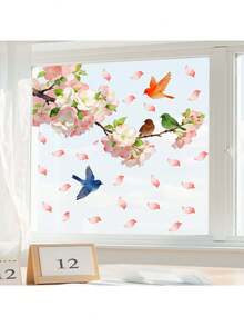 1pc Flower Branch & Bird Window Sticker, Self-Adhesive Removable Design, Creates Natural Scenery For Bedroom, Living Room Or Study, Multi-Space Natural Style Window Decor Set, Unifies Visual Effect For Home Or Office Glass, Instantly Brightens Sunny Window View, Easily Adds Joyful Natural Ambiance In Sunlight - Birds On Flowers - View 6