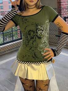 女士Y2K复古不对称T恤 - 橄榄绿，单肩O型环，抽象印花，侧边褶皱休闲款 - 彩色 - 查看 4
