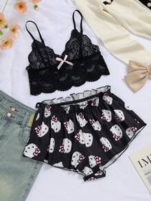 SANRIO Hello Kitty 女士蕾丝深V吊带背心+松紧腰短裤睡衣套装（2件套） - 黑色 - 查看 7