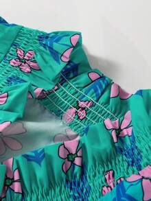 Acelitt 女士休闲绿色碎花高腰褶皱迷你连衣裙，夏季 - 綠色 - 查看 8