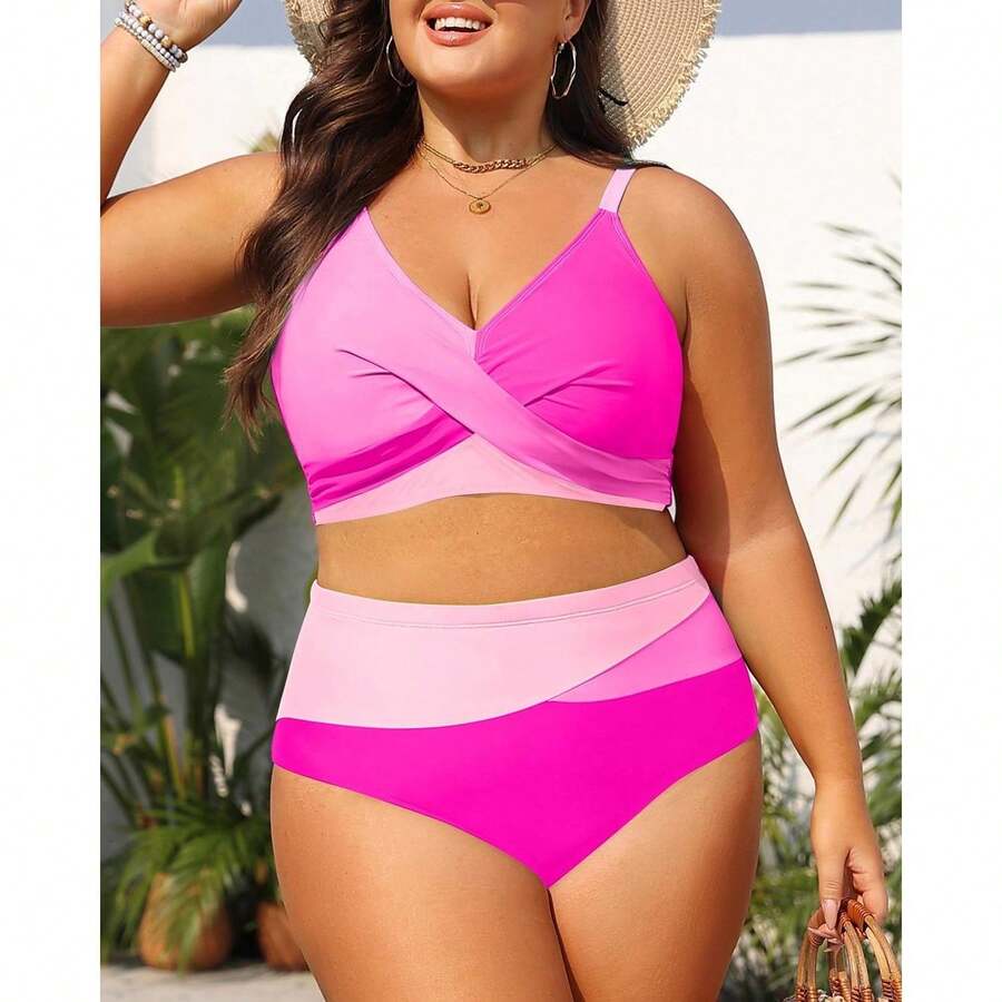 Plus Size Bikini SetPink - 1XL Color Block Swimsuit - Twist Front V Neck& High Waisted Bottoms - Women's Summer Beachwear - 多色655 - 查看 1