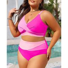 Plus Size Bikini-Pink Color Block 2XL - Twist Front V Neck& High Waisted Swimsuit - Bathing Suit For Women - Summer Beach Wear - Multicolor 657 - View 2