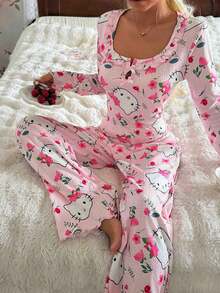 SANRIO Bộ đồ ngủ nữ 2 món họa tiết Hello Kitty, áo dài tay và quần dài mềm mại, đồ mặc nhà thoải mái, phù hợp mọi mùa. - Hồng - Xem 6