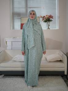 New Comfortable Breathable Fashion Printed Loose Prayer Robe With Attached Scarf Dress Vacation Spring - Mint Green - View 7