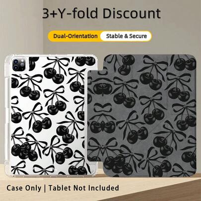 1pc 3+Y-Fold Tablet Case, Bow & Cherry Pattern, Multiple Support Methods, Compatible With Huawei MatePad SE 11", MatePad 11 Inch, MatePad Pro 12.2 2024, Honor Pad X9A 2025, Honor Pad 9, Honor Pad X9 Pro 2025, Pad 6, Pad SE 11", Pad 2 Pro 12", Pad 2 11", Galaxy