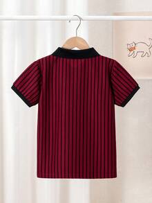 Tween Boy Casual Stylish Textured Colorblock Striped Short Sleeve Polo Shirt, Suitable For Spring/Summer, Back To School, Daily Wear, Vacation - Burgundy - View 2