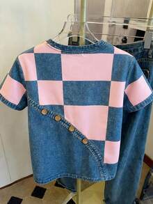 Fashionable Printed Contrast Pink Plaid Summer Tops For Women, Holiday Outfits, T-Shirts, Summer Outfits - White - View 3