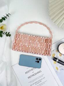 حقيبة يد فرنسية عتيقة الطراز بتصميم بسيط وأنيق، مصنوعة يدويًا من الخرز المنسوج بتصميم مجوف، كاجوال، لحفلات المساء - وردي - مشاهدة 3