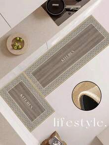 1pc Soft Rubber Linen Kitchen Mat, 3.5mm Thick Kitchen Rug, Main Body Blends Wood Grain Texture And Classic Chinese Water Wave Border, Prominent "KITCHEN" Text In Center - Multicolor - View 9