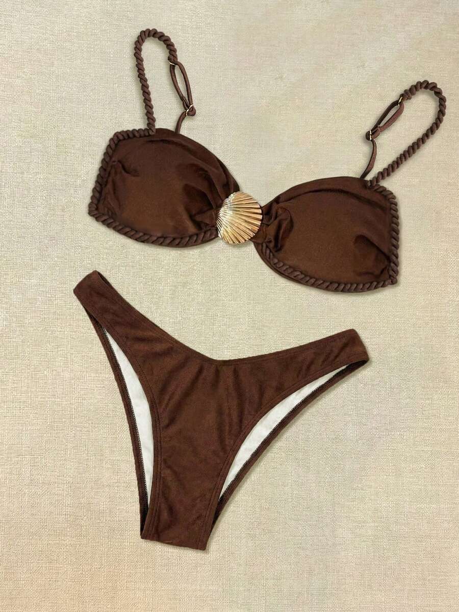 Bikinx 女士高弹力比基尼套装，时尚细肩带，贝壳扣细节，露背款式 - 棕色 - 查看 1