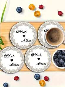 1/2/4/6/10 Pc Personalized Custom Names: Handmade Round Wooden Coasters, Wedding Coasters | Custom Name Wreath Design, Ideal For Weddings, Table Decorations, Wedding Favors, Gifts, And Valentine's Day Decorations - Beige - View 12