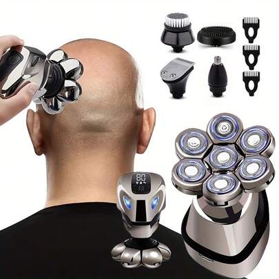 Electric Head Hair Shaver For Hair Cutting, Ultimate Men Cordless Rechargeable Wet/Dry Skull & Bald Head Razor With Rotary Blades, Clippers, Seven Blade Electric Shaver Battery Capacity 600mAh