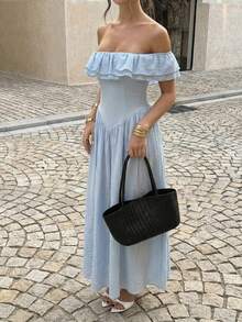 Unadoll 女士夏季性感单肩褶皱拉链设计优雅连衣裙，适合度假、约会、旅行、外出、生日、情人节等场合。 - 藍色 - 查看 4