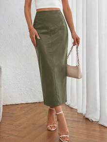 Women's New Fall Faux Leather Maxi Skirt, High Waist, Elegant Casual Pencil Maxi Skirt Slit Design New Years Valentine Vacation Skirt - 軍綠色 - 查看 3