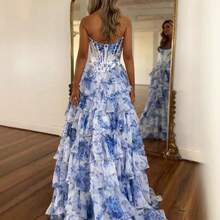 High Sense Spring And Summer Off-The-Shoulder Fashion Chiffon Printing Fairy Long Temperament Evening Dress Dress - 藍色 - 查看 4