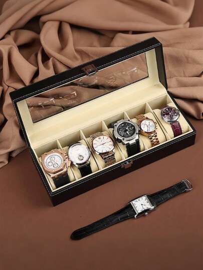 Caja de Almacenamiento de Relojes de 6 Ranuras con Ventana Transparente, Estuche Organizador de Piel Sintética Duradero para Hogar, Regalo y Decoración