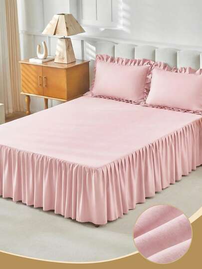 1件纯色床裙，床上用品，粉色床罩，柔软透气，舒适家纺，现代风格，丝滑奢华面料，亲肤柔顺，呵护头发和肌肤，睡眠舒适，适用于单人床、双人床、大号床、特大号床，可机洗，防尘床裙，不含枕头和枕套