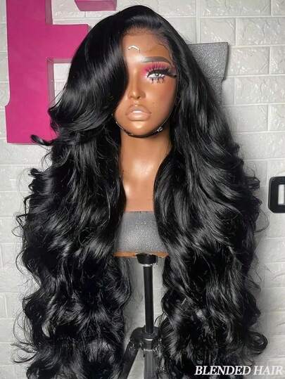 30英寸 13x4 13x6 蕾丝前假发，波浪卷发，真人前额发丝假发，200%密度，高清透明隐形蕾丝假发，波浪卷发混合假发，自然黑色，预先拔毛，带婴儿发