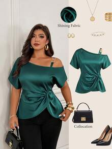 Plus Size Regular Length Shirt, Made Of Non-Stretch Fabric, Off-Shoulder Design, Short Sleeve Style, Suitable For Any Occasion Summer - Green - View 1