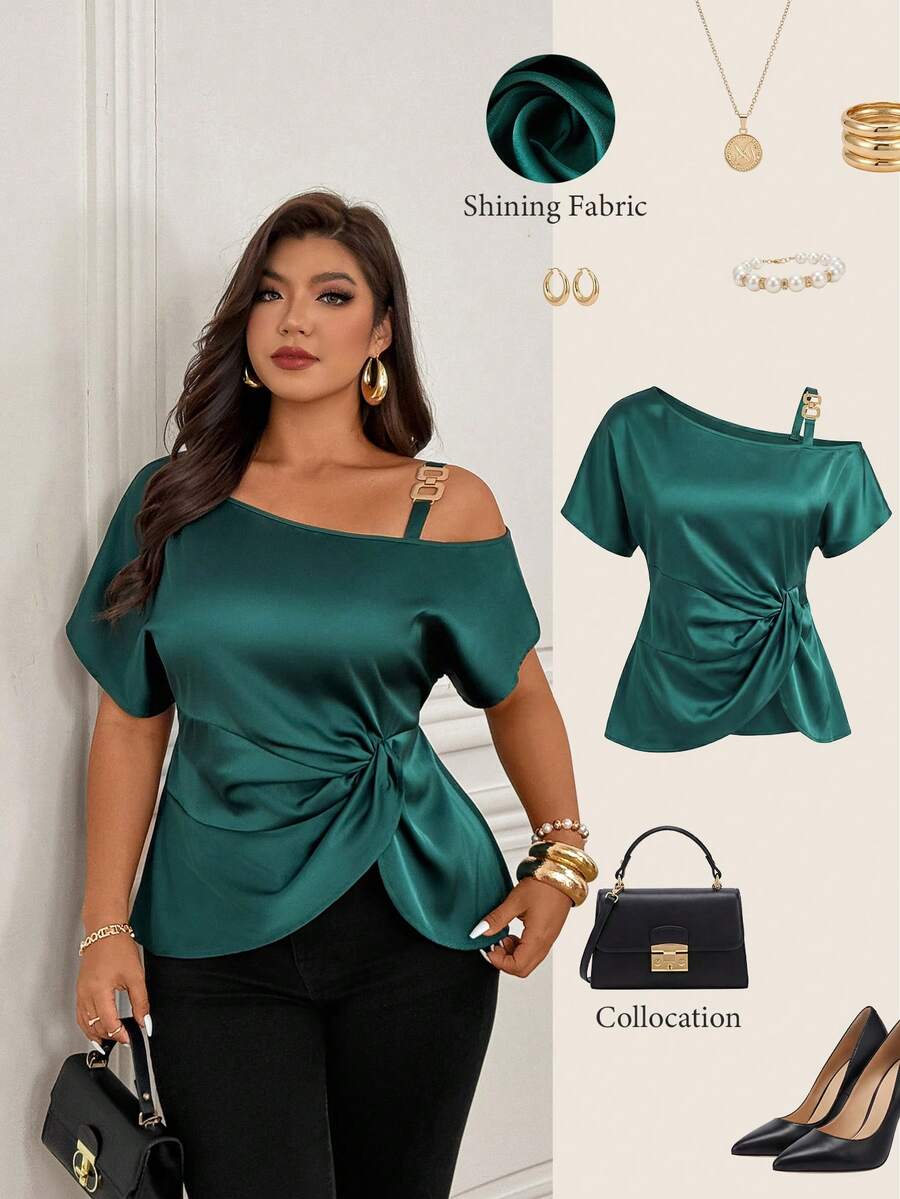 Plus Size Regular Length Shirt, Made Of Non-Stretch Fabric, Off-Shoulder Design, Short Sleeve Style, Suitable For Any Occasion Summer - Green - View 1