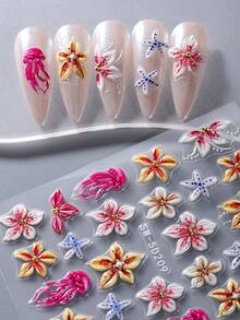 2pcs/Set Summer Ocean Style 5D Embossed Hibiscus Stickers, Shell & Jellyfish Pattern Self-Adhesive Nail Art Decorations, Women Manicure Supplies - Multicolor - View 7