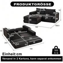 Sofá cama 2 en 1 de pana con dos almohadas, reposabrazos cuadrados clásicos y reposapiés extraíble. Sofá modular con configuración flexible. - Negro - Ver 5